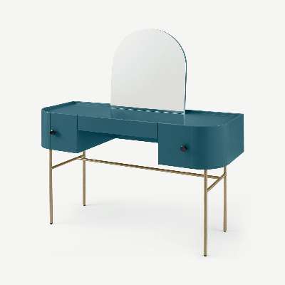Tandy Dressing Table, Teal Blue with Gloss Black Handles & Brass Legs
