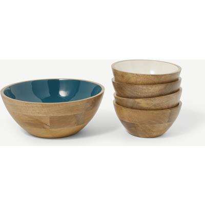 Tapio Mango Wood and Enamel Large Serving Bowl with x4 Bowls, Cool Grey & Teal 