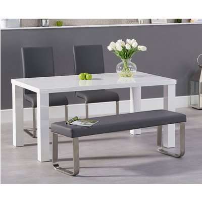 Atlanta 160cm White High Gloss Dining Table with Malaga Chairs and Atlanta Grey Bench - Ivory, 2 Chairs