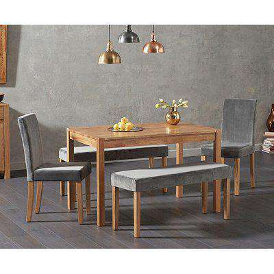 Ex-display Oxford 150cm Solid Oak Dining Table with ONE Mia Large Grey Velvet Benches and TWO grey Mia Velvet Chairs