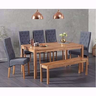 Ex-display Oxford 120cm Solid Oak Dining Table with 2 GREY Juliette Fabric Chairs and 1 Oxford Bench