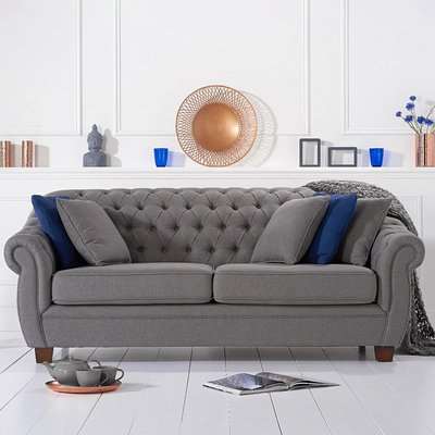 Lilly Chesterfield Grey Linen Fabric Three-Seater Sofa
