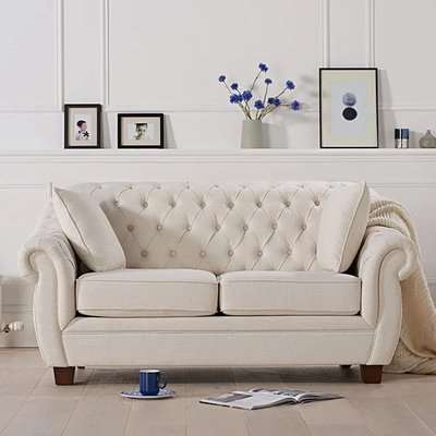Lilly Chesterfield Ivory Linen Fabric Two-Seater Sofa