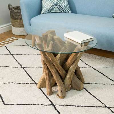 Lyre Branchwood Teak Round Coffee Table with Glass Top
