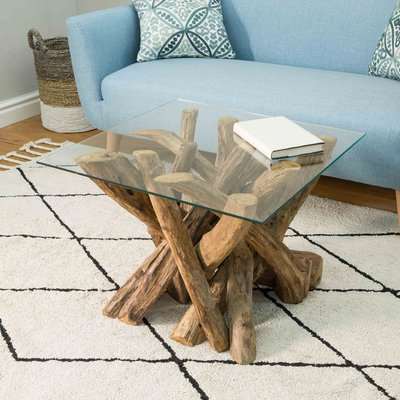 Lyre Branchwood Teak Square Coffee Table with Glass Top