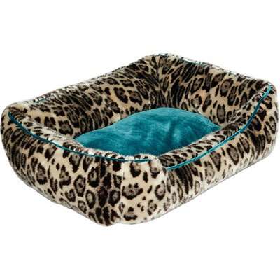 Faux Fur Dog Bed, Large - Leopard/Dark Teal