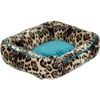 Faux Fur Dog Bed, Small - Leopard/Dark Teal