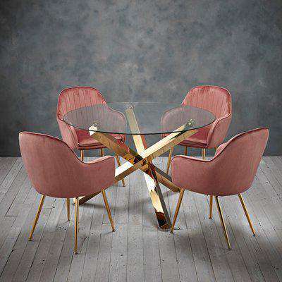 Capri Gold Dining Set With 4 Pink Velvet Dining Chairs