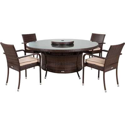 4 Rattan Garden Chairs, Large Round Table & Lazy Susan Set in Brown - Roma - Rattan Direct