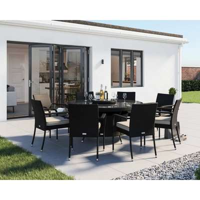 8 Rattan Garden Chairs, Large Round Dining Table & Lazy Susan Set in Black & White - Roma - Rattan Direct