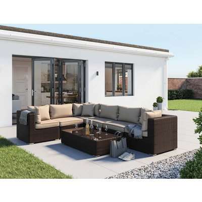 Rattan Garden Corner Sofa Set in Brown & Cream - Geneva 7 Piece - Rattan Direct