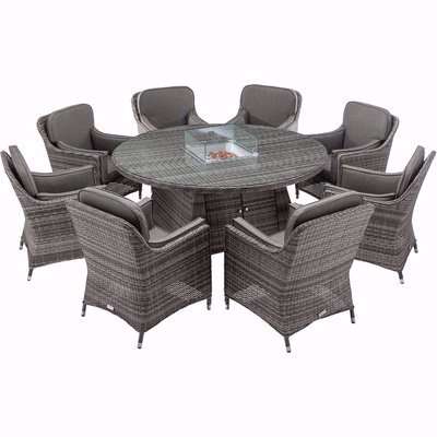 8 Seater Rattan Garden Dining Set With Large Round Table in Grey With Fire Pit - Lyon - Rattan Direct