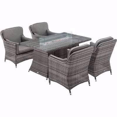 4 Seat Rattan Garden Dining Set With Rectangular Table in Grey With Fire Pit - Lyon - Rattan Direct