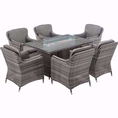 6 Seat Rattan Garden Dining Set With Rectangular Table in Grey With Fire Pit - Lyon - Rattan Direct