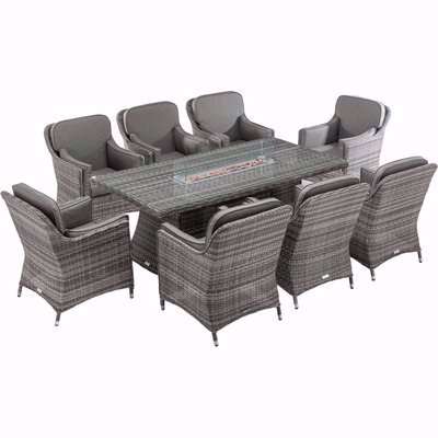 8 Seat Rattan Garden Dining Set With Rectangular Table in Grey With Fire Pit - Lyon - Rattan Direct
