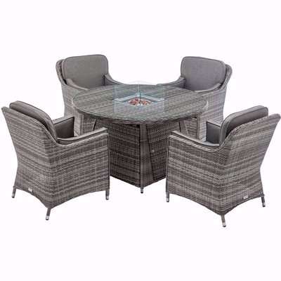 4 Seat Rattan Garden Dining Set With Round Table in Grey With Fire Pit - Lyon - Rattan Direct