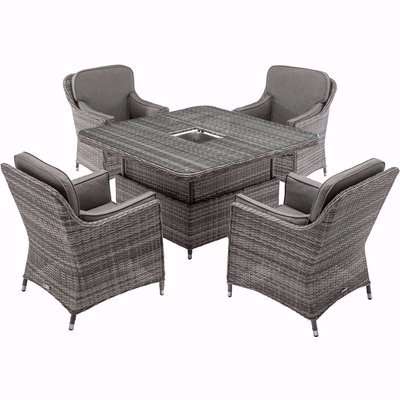 4 Seat Rattan Garden Dining Set With Square Table in Grey With Fire Pit - Lyon - Rattan Direct