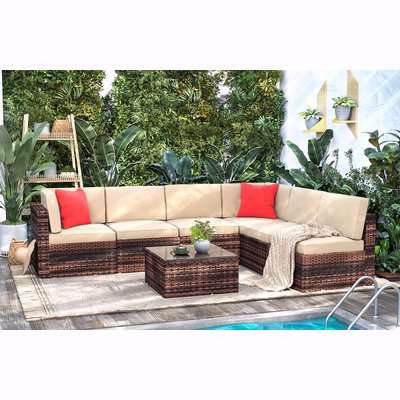 6 Seater Garden Furniture Rattan Patio Corner Sofa Set with Cushion Pillows Protective Cover Grey