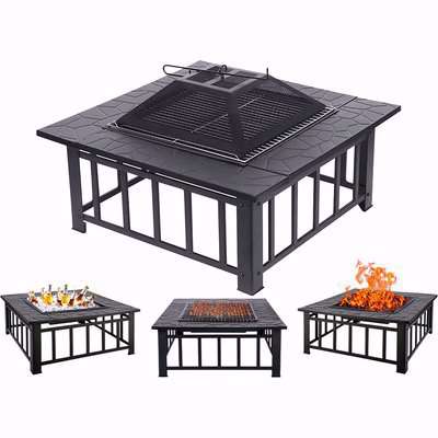 3 in 1 Patio Firepit Ice Pit Table with BBQ Grill Poker Lid Rain Cover for Garden Outdoor