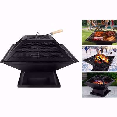 Square Portable Charcoal Barbecue Grill Fire Pit with Poker