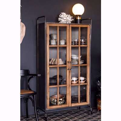 Rockett St George Industrial Style Wooden Display Cabinet On Wheels