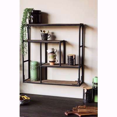 Black & Natural Bamboo Quadratic Wall Shelf Unit