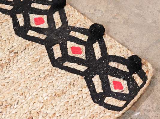 Large Handwoven Natural Rug - Black Hexagon  Extra Large
