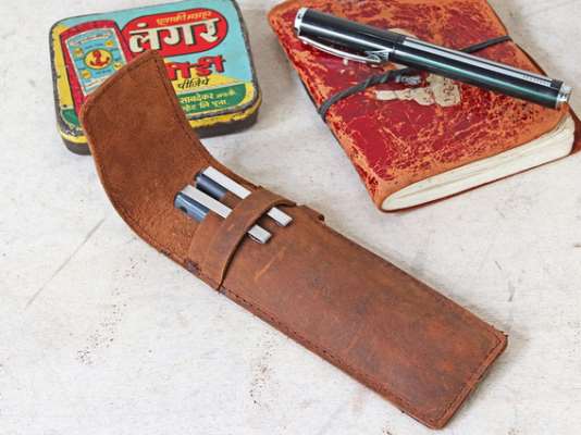 Leather Pen Case With Pocket Clip Brown