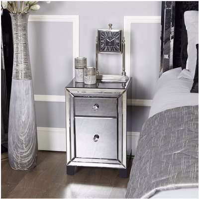 Deco Home Arctic Noir Smoked Glass Black Mirrored 2 Drawer Bedside Cabinet Table