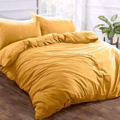 Brentfords Washed Linen Look Duvet Cover Set with Pillowcases - Yellow / Single