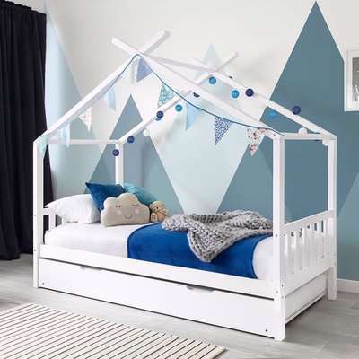 Charlie Kids White Wooden House Bed With Trundle - White