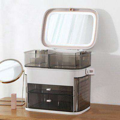 Cosmetic Storage Organizer Box with LED Light Mirror - Grey