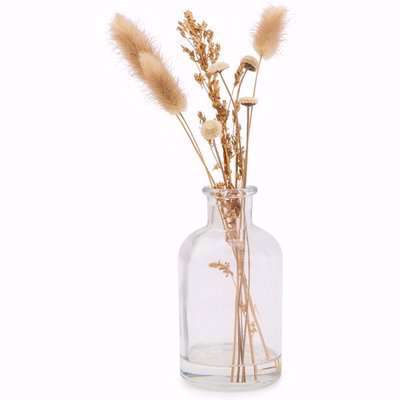 Dried Grasses Flowers Arrangement in Round Glass Vase  - White