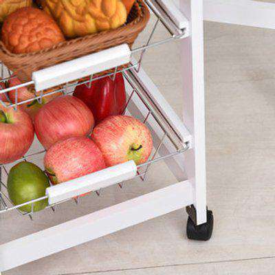 Drop-Leaf Kitchen Trolley with 3 Baskets - Oak and white