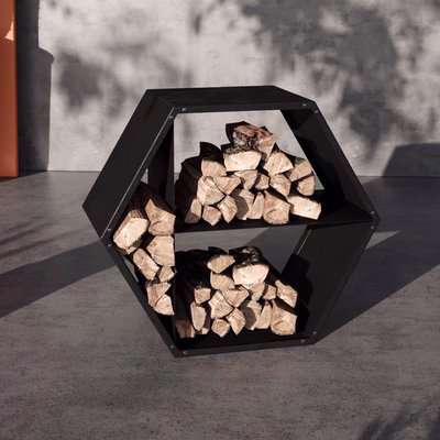 Hexagonal Firewood Log Storage Basket Steel Rack Organiser Fireside Outdoor - Black
