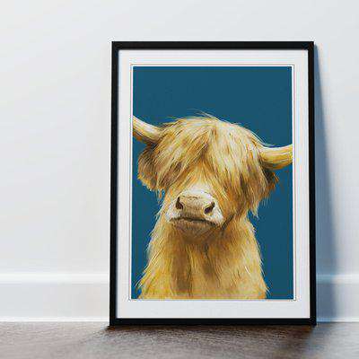 Highland Cow Turquoise Framed Wall Art Print - Black Frame - Turquoise