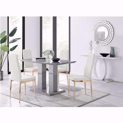Imperia 4 Grey Dining Table and 4 Gold Leg Milan Chairs - White