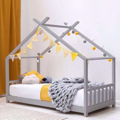 Kids Grey Canopy Wooden House Bed Frame - Grey