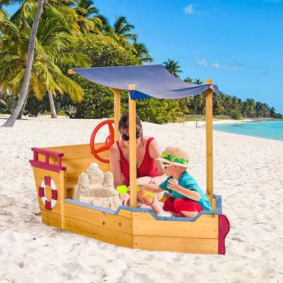 Kids Wooden Sandbox Play Station Covered Sand boat Storage Bench - Orange
