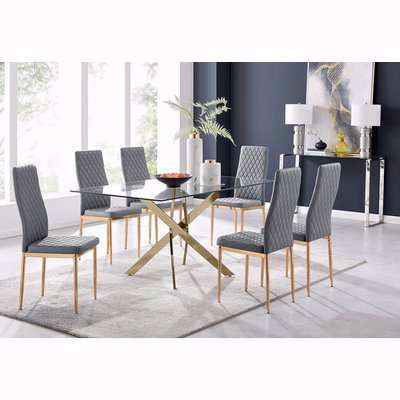 Leonardo Gold Dining Table With Six Gold Leg Milan Chairs - Grey