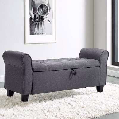Linen Rolled Arm Storage Ottoman Button Tufted Pouffee Bench Chest Seat - Grey