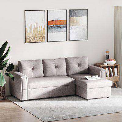 Linen-Look L-Shaped Sofa Bed - Grey