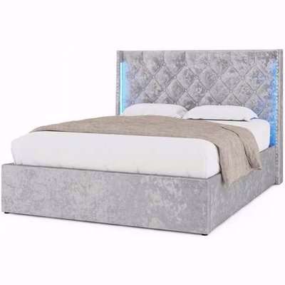 Loxley LED Silver Crushed Velvet Storage Ottoman Bed - Silver / King