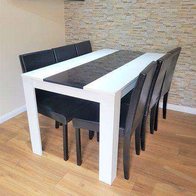Modern White Black Dining Table with 6 Black Wooden Chairs - Black/White