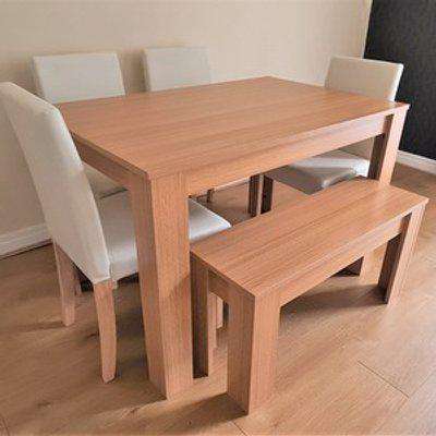 Modern Wooden Oak Dining Table with Chairs and Bench - Cream