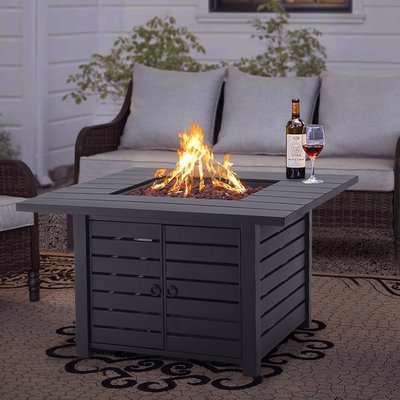 Outdoor Square Table Stove Fuel Gas Patio Heater Lava Rock Heating Fire Pit - Black