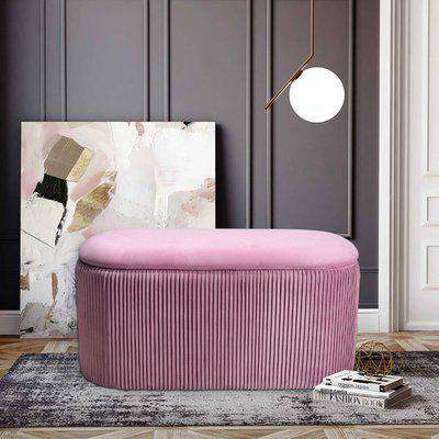 Oval Shape Velvet Fabric Storage Ottoman Seat Footstool  - Pink