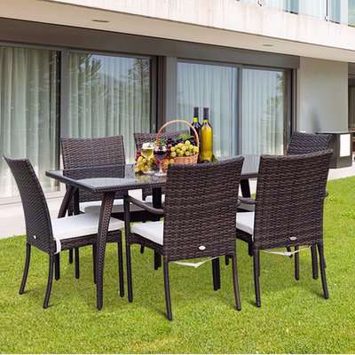 7PC Rattan Dining Set 6 Wicker Weave Chairs and Table - Brown