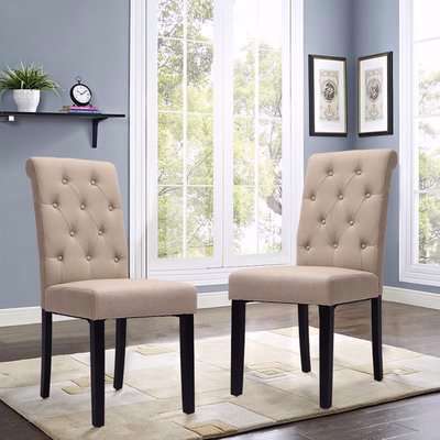 2PCS Linen Fabric Tufted Accent Dining Chair Studded Button High Back Scroll Top - Beige Yellow