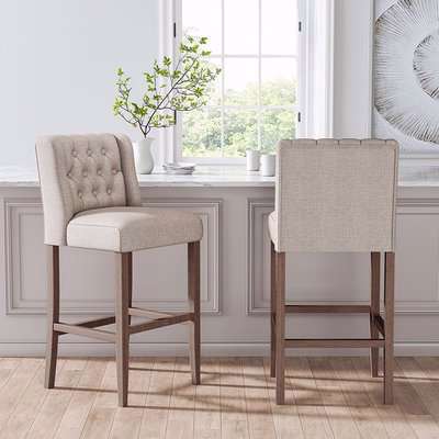 2PCS Linen Fabric Tufted Accent Dining Chair Studded Button High Back - Beige White